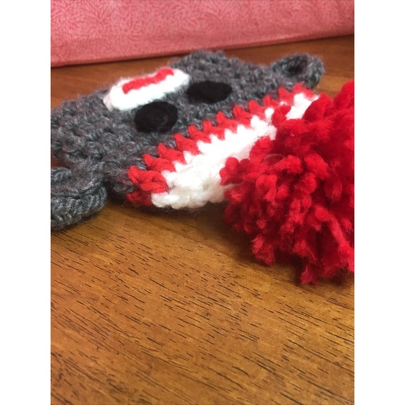 Hand Crocheted Sock Monkey Winter Hat‎ Red Grey - Picture 5 of 6